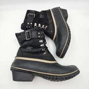 Sorel Winter Fancy Lace II Black Waterproof Ankle Boots Women 8.5 Lace Up Buckle